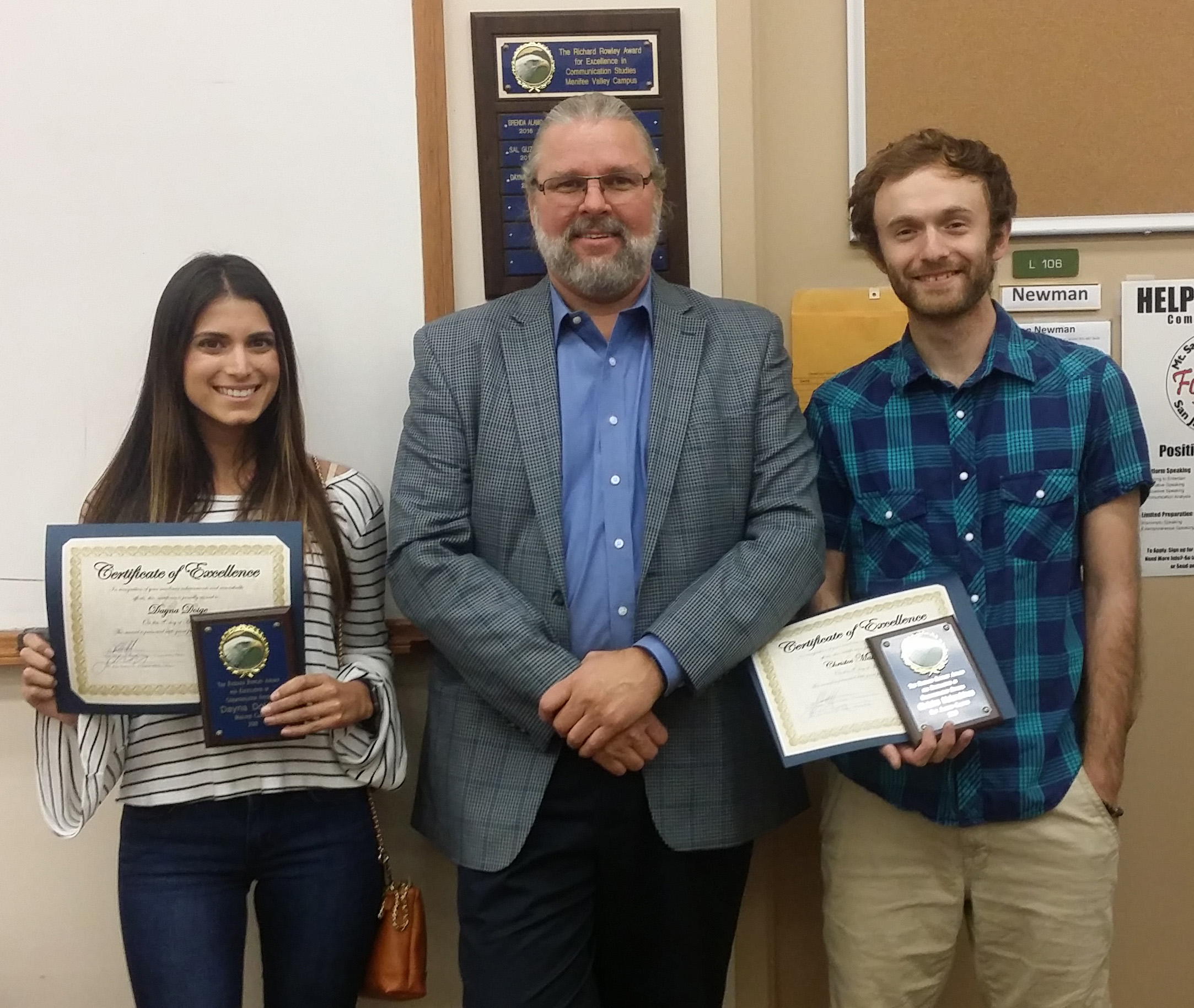 2017/2018 Menifee Campus winner Dayna Doidge, Assistant  Professor Ron Newman, and San Jacinto Campus winner  Christos Malandrinos
