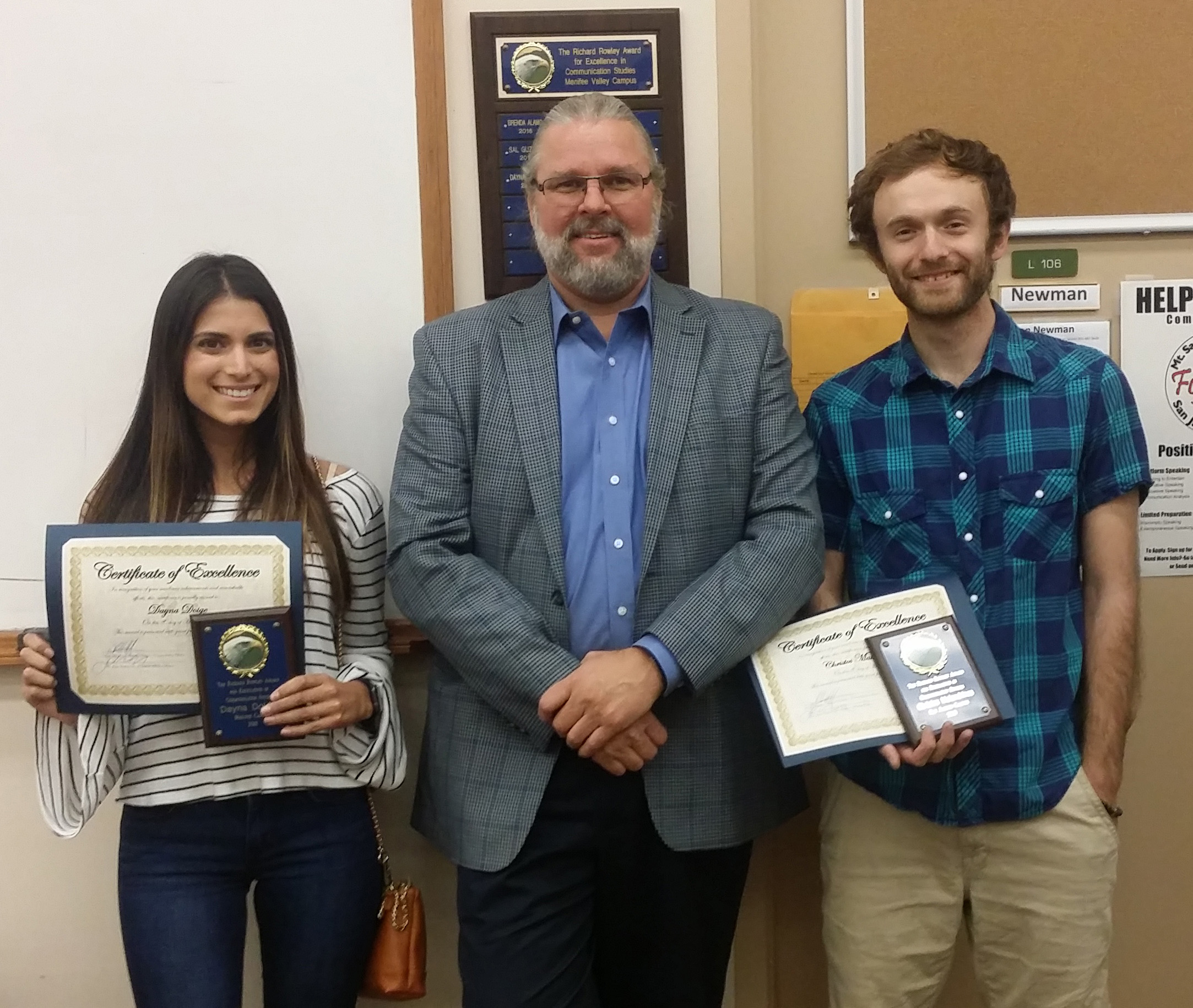 2017/2018 Menifee Campus winner Dayna Doidge, Assistant Professor Ron Newman, and San Jacinto Campus winner Christos Malandrinos