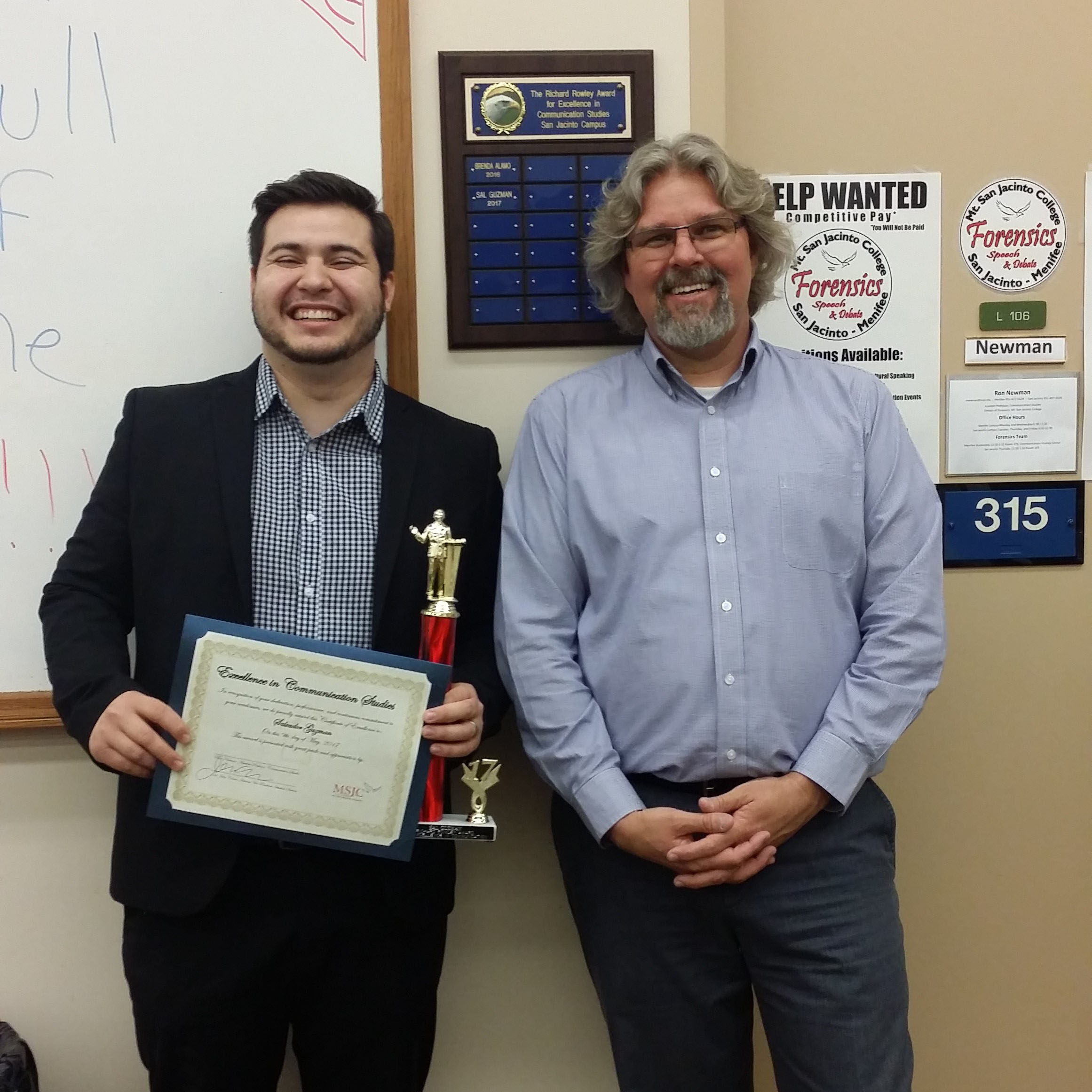 2016/2017 winner Sal Guzman and Assistant Professor Ron Newman