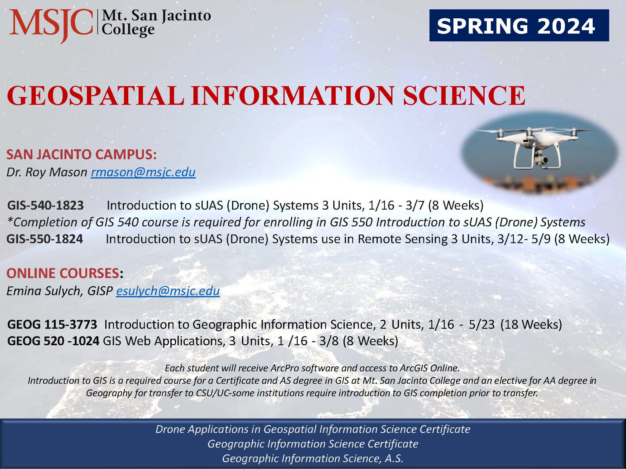 GIS classes offered Spring 2024