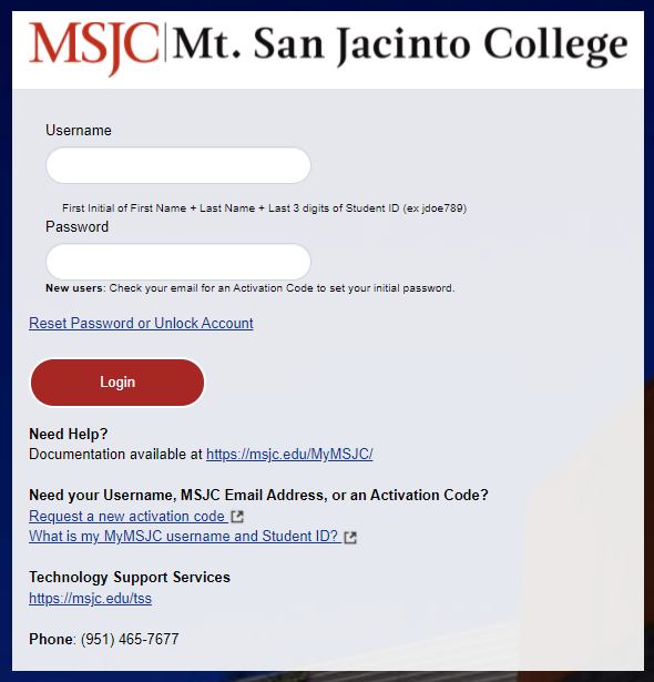 MyMSJC Account Management Login Screen