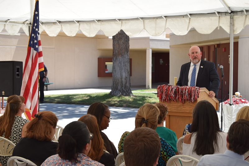 Superintendent/President Dr. Roger Schultz speaks to guests at the Aug. 27 student health center ribbon-cutting ceremony at the San Jacinto Campus