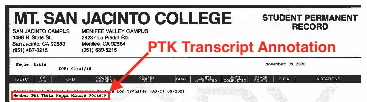 student transcript showing membership of PTK