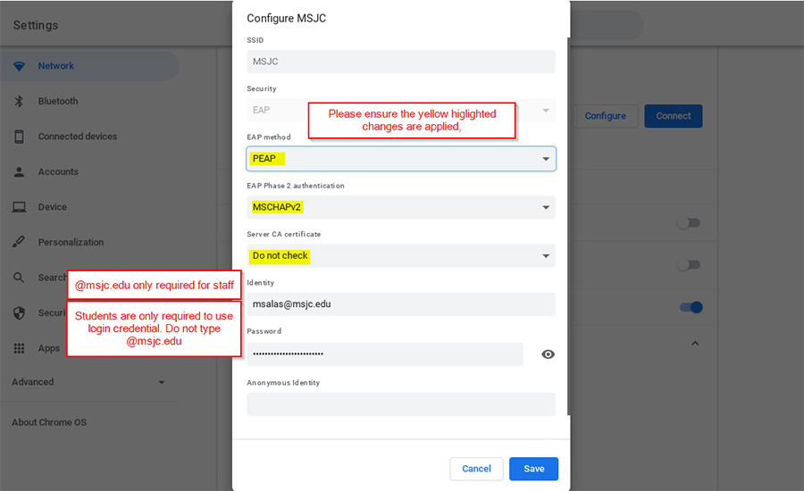 A screnshot of the configuration screen for the MSJC WIFI